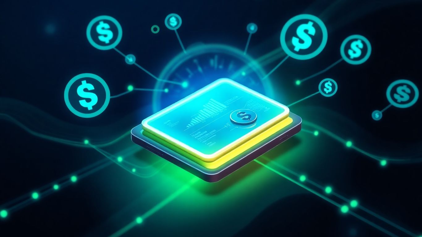 Digital crypto wallet with floating currency icons.