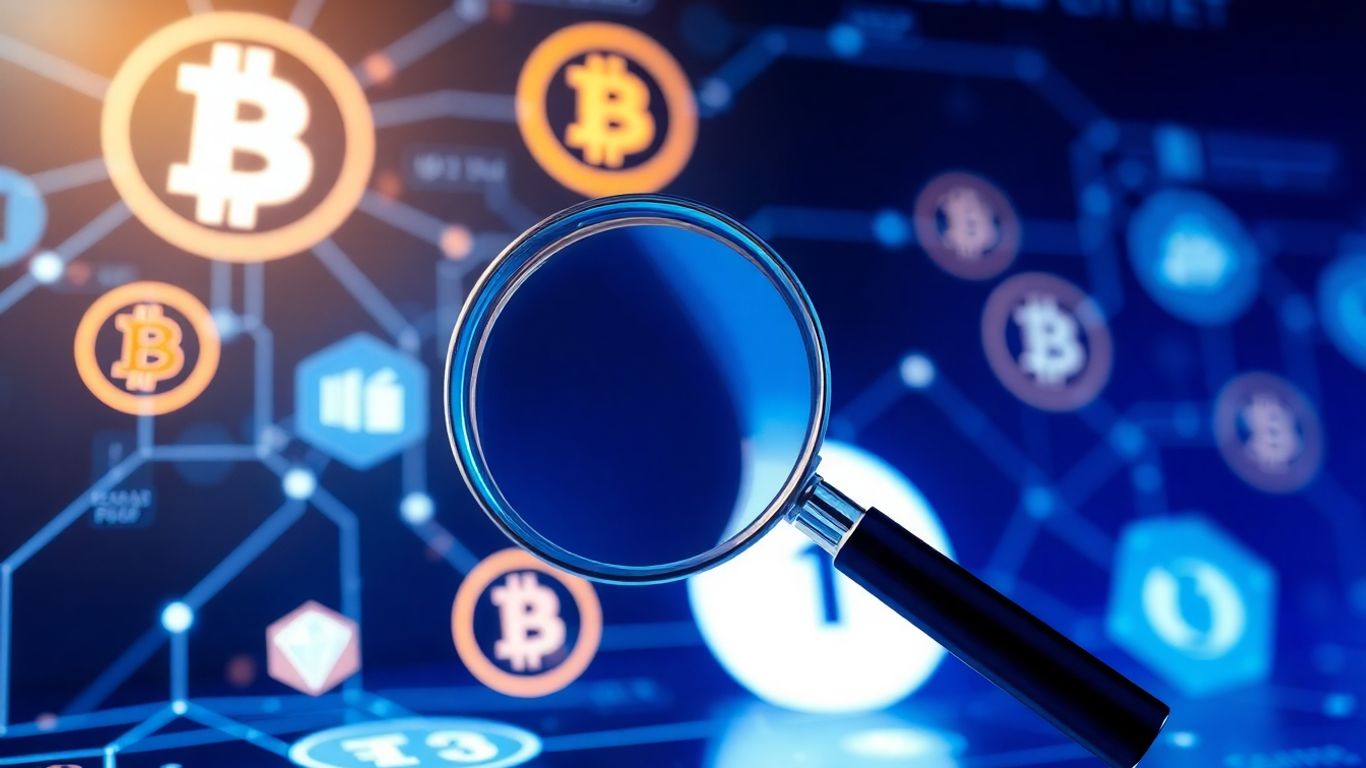 Digital wallet with magnifying glass and crypto icons.