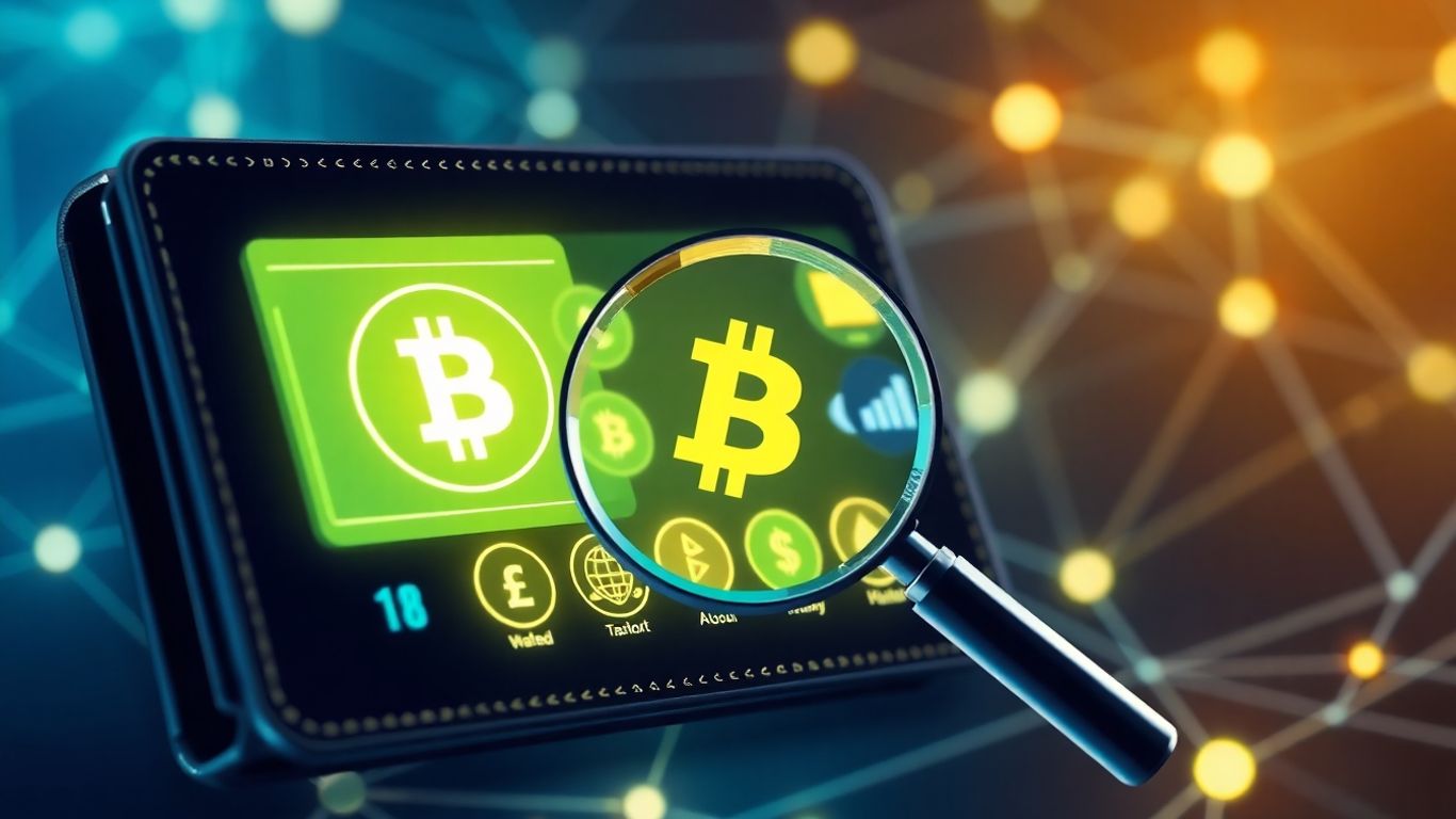 Crypto wallet finder bot interface with magnifying glass.