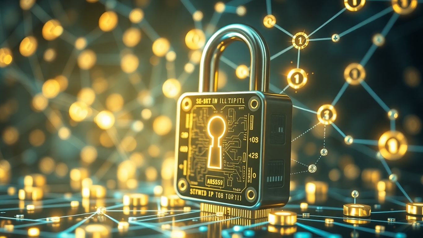 Digital lock with glowing circuitry and surrounding tokens.