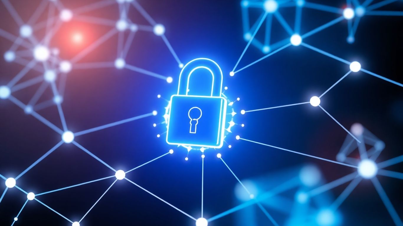 Secure blockchain network with digital padlock.