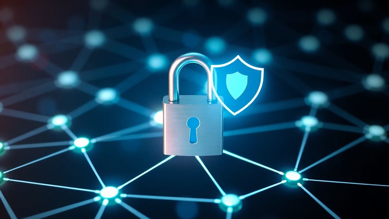 Web3 security padlock on a decentralized network.