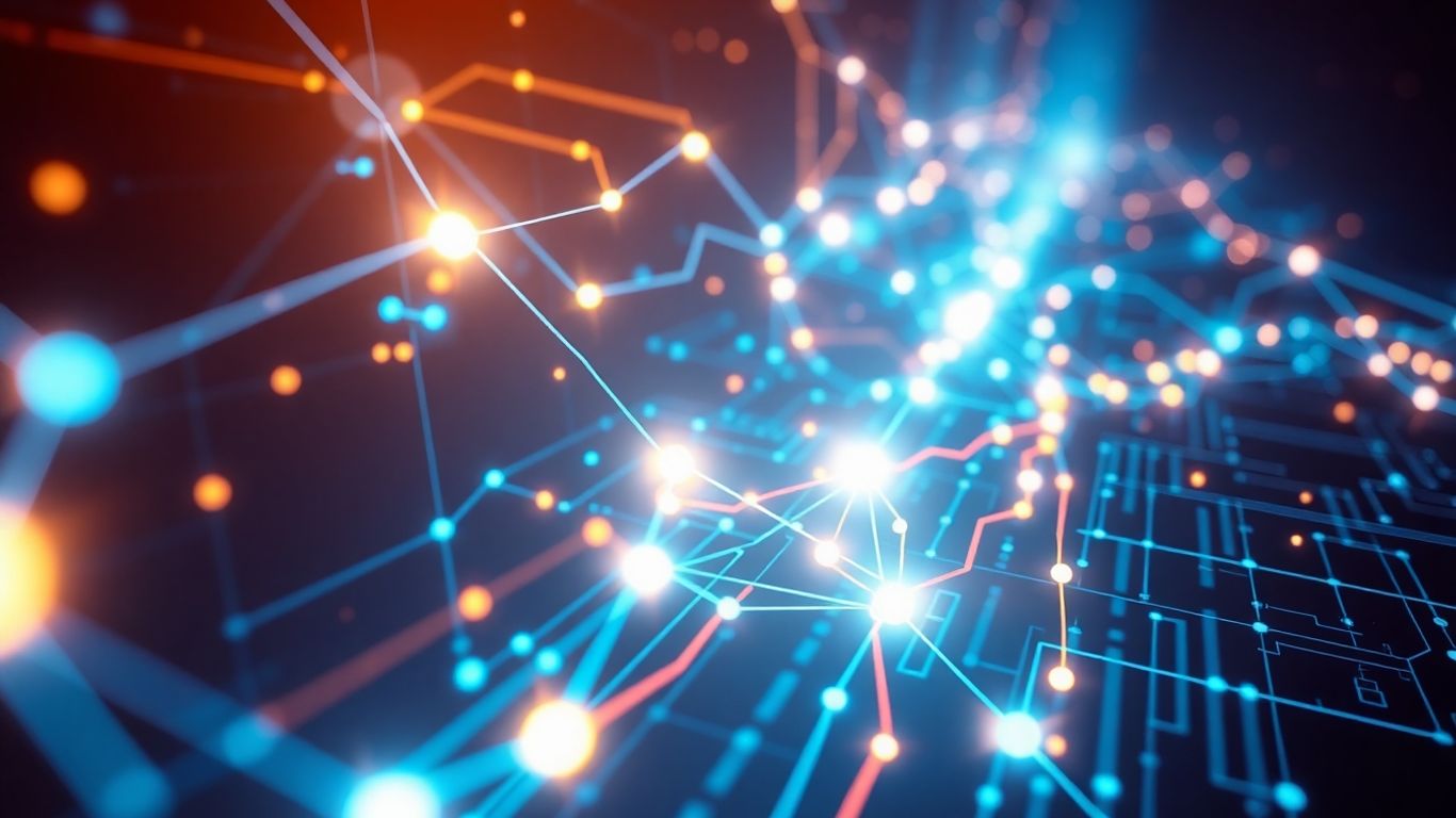 Digital ledger with glowing nodes and pathways.
