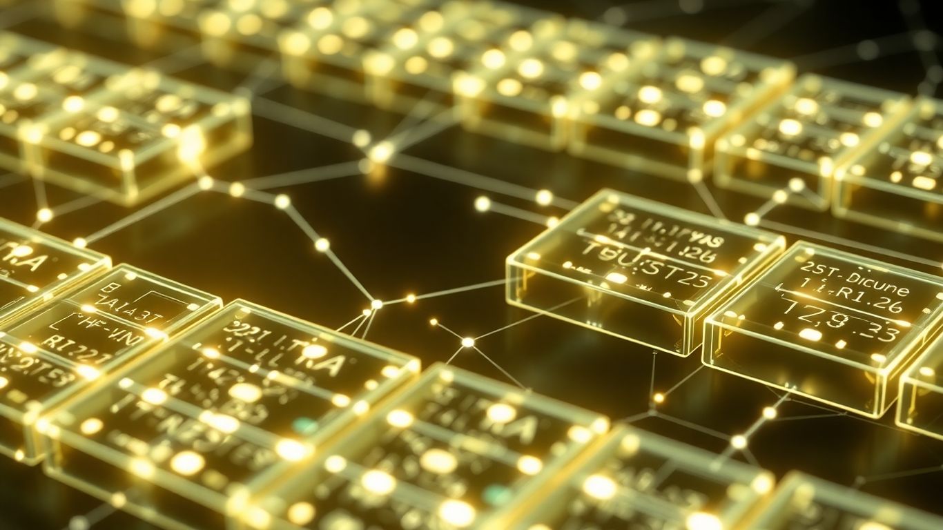 Blockchain ledger with secure, glowing blocks.