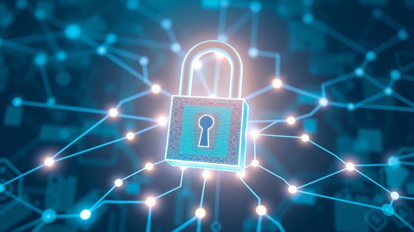 Secure blockchain network with a digital padlock.