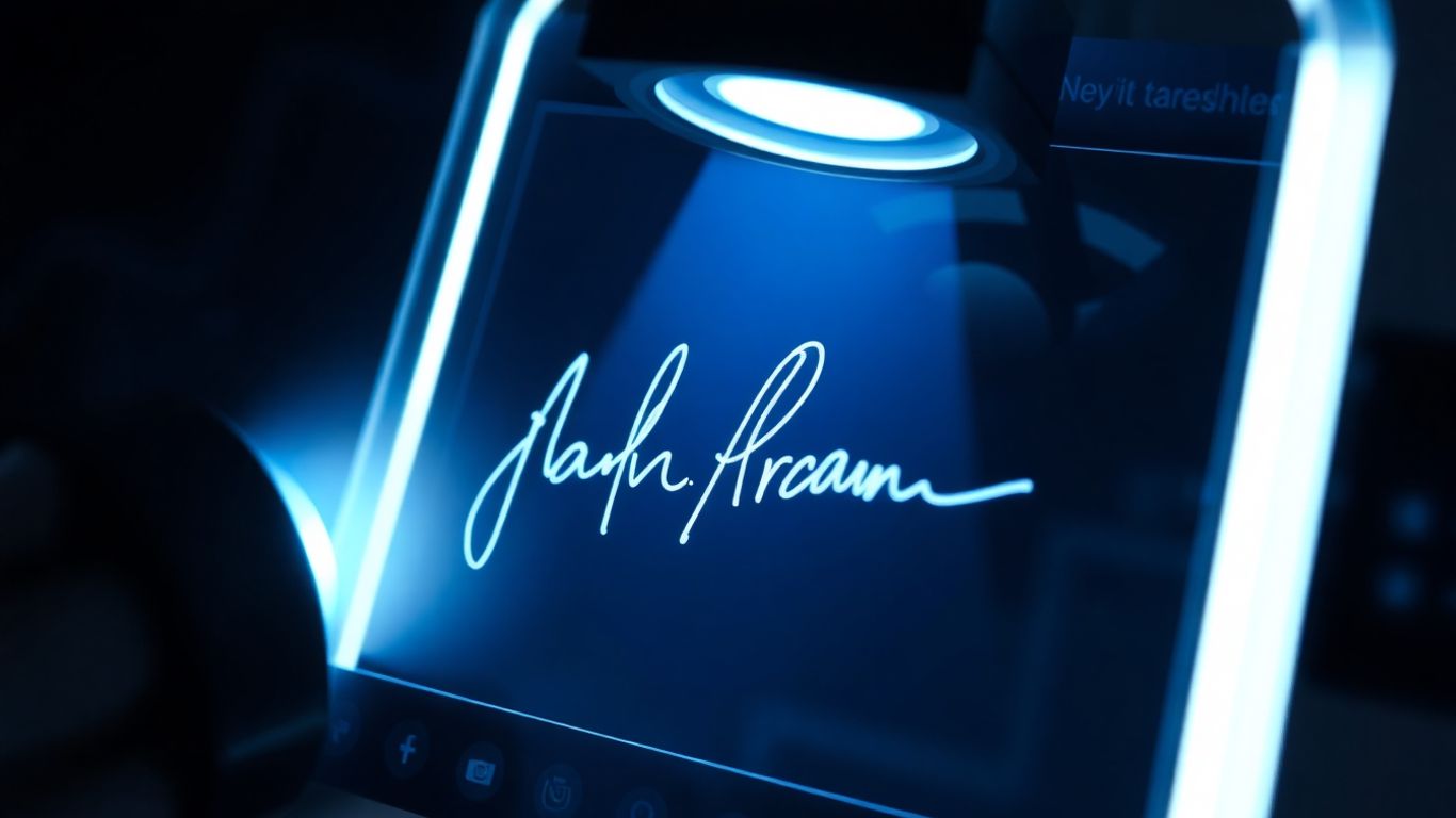 Digital signature being scanned with blue light.