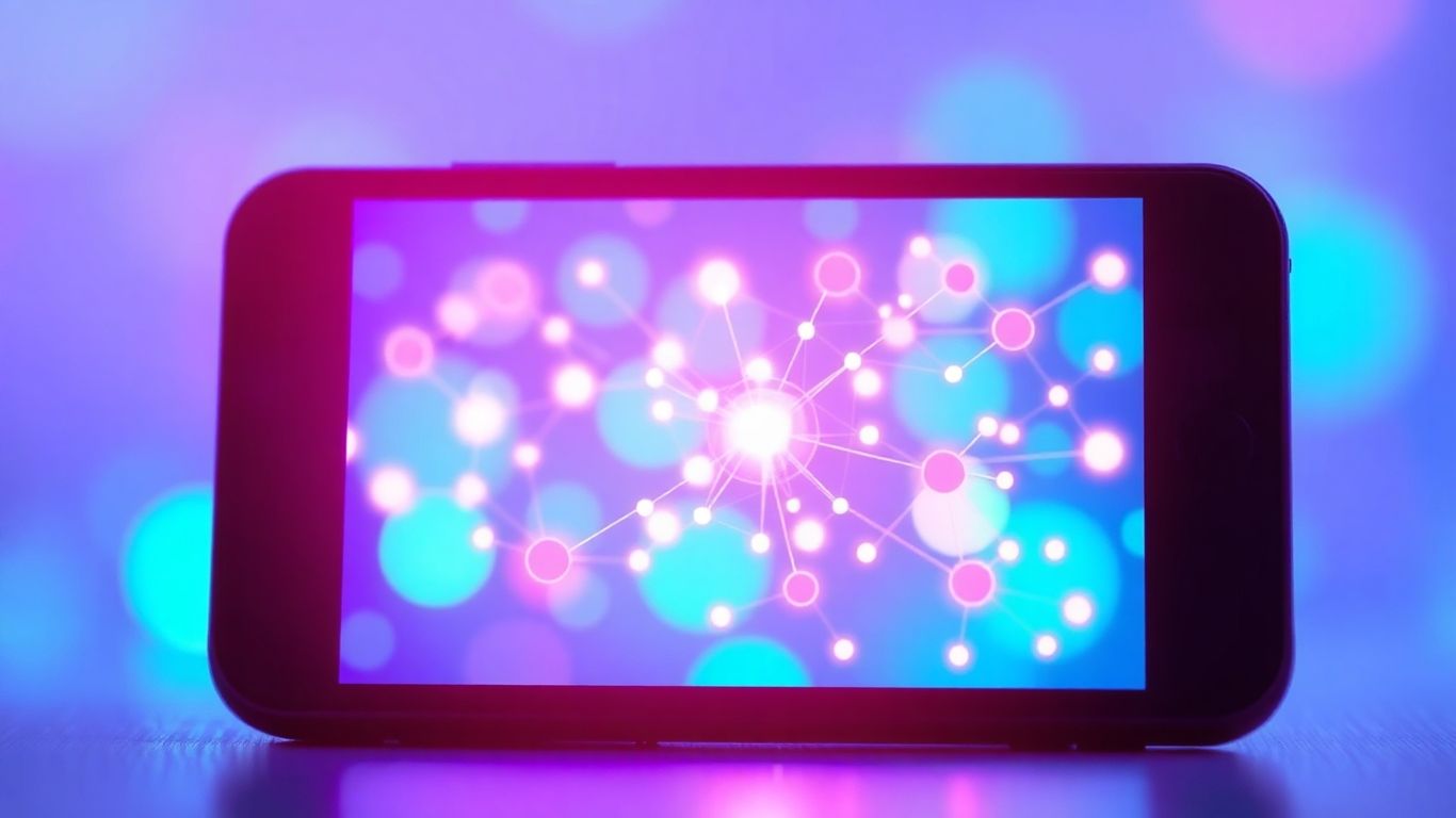 Smartphone screen with glowing network of connections.