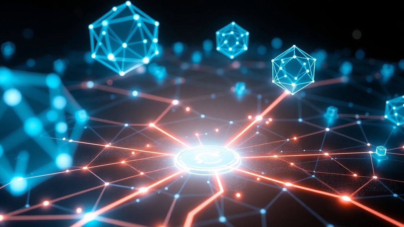 Digital landscape with interconnected nodes and glowing pathways.