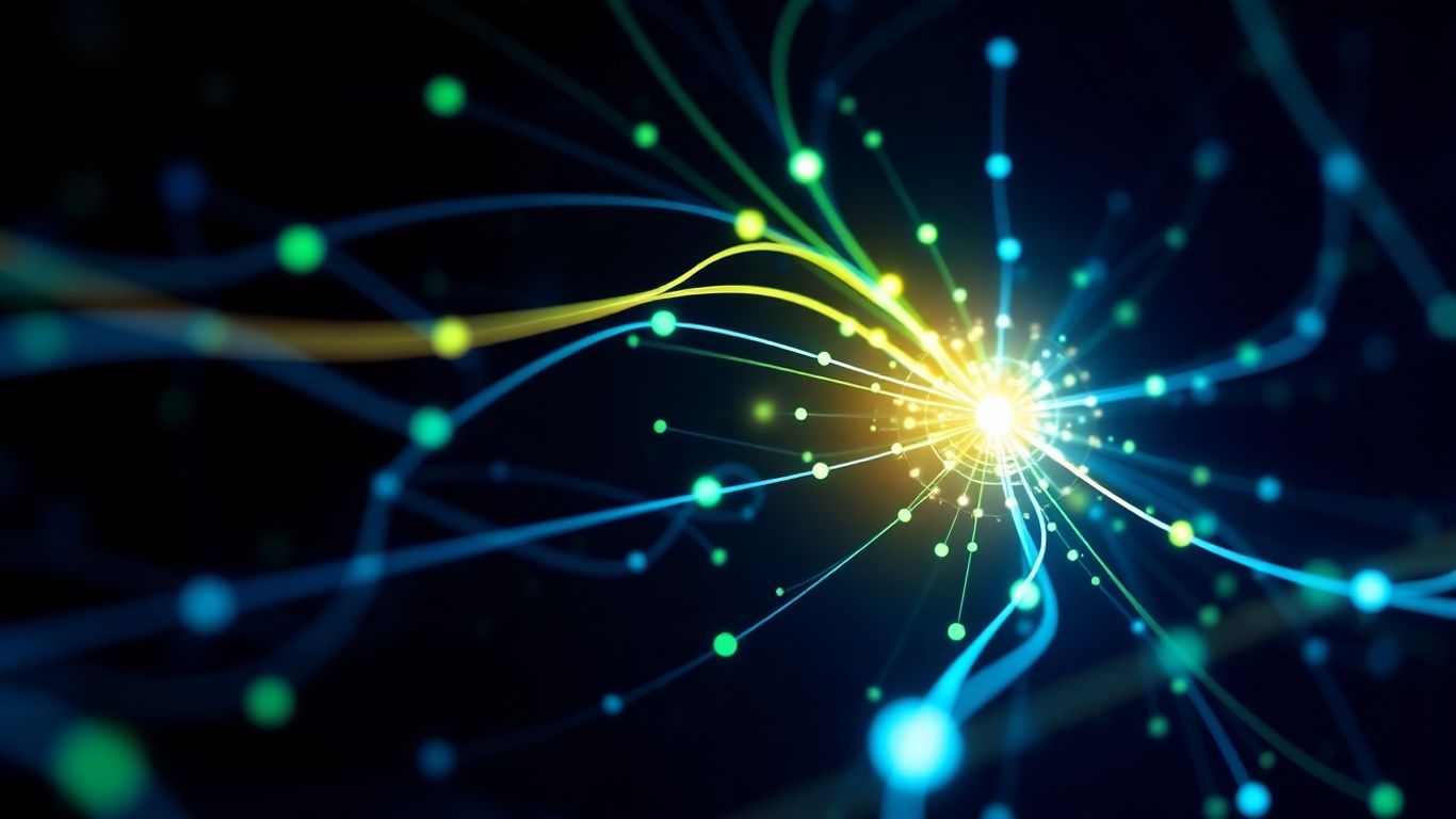 DexScreener interface with glowing lines and nodes.