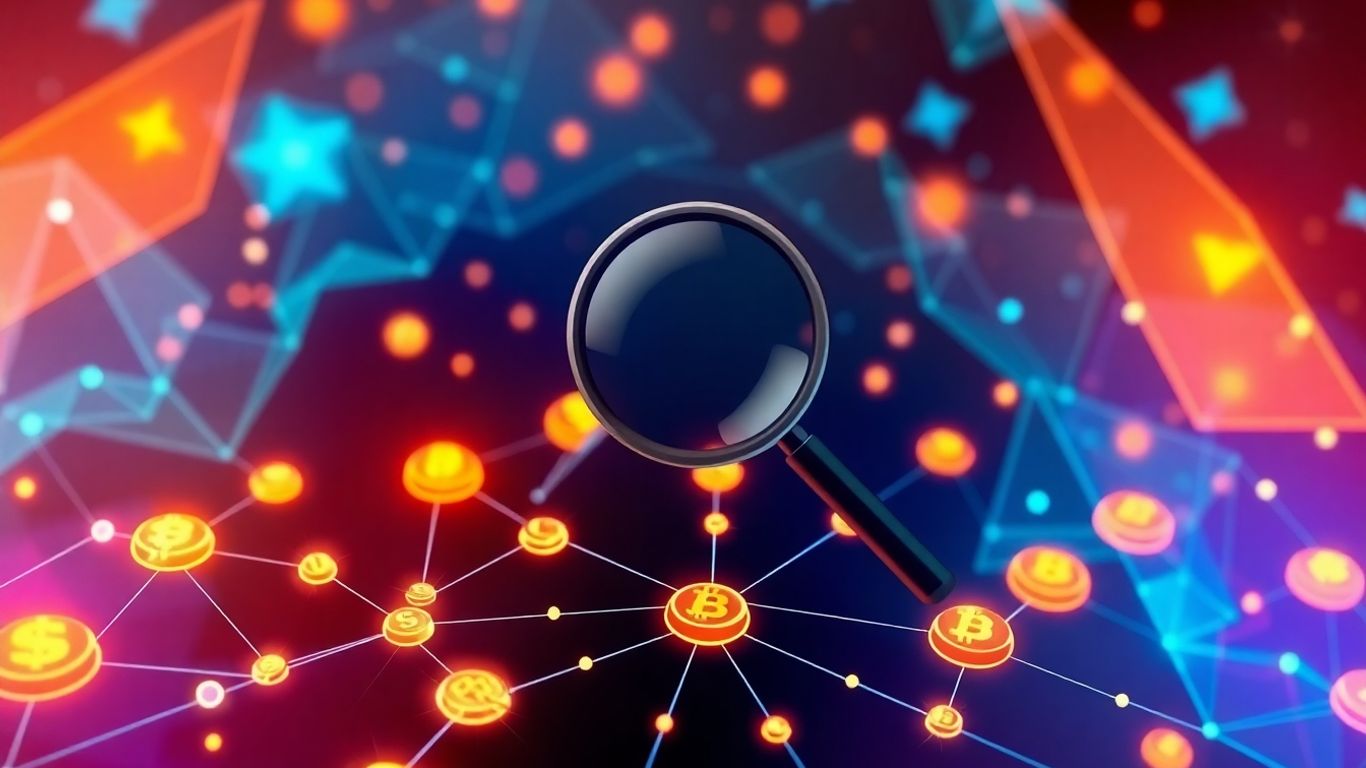 Crypto market analysis with magnifying glass.