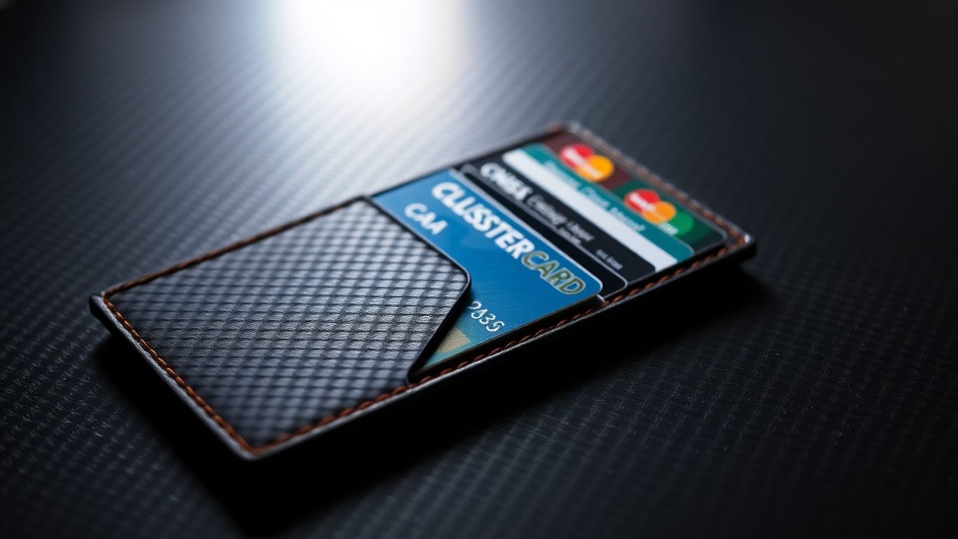 Carbon fiber wallet with credit cards inside.