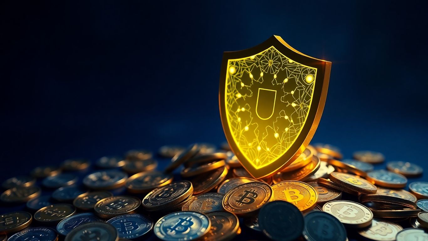 Digital shield protecting cryptocurrency from threats.