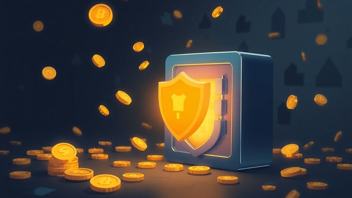 Digital shield protecting crypto coins from scams.