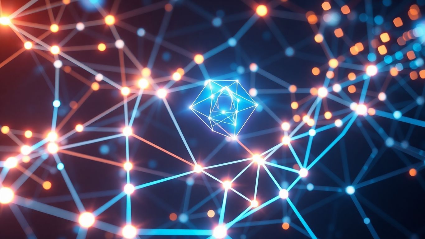 Digital network with glowing pathways and geometric shapes.