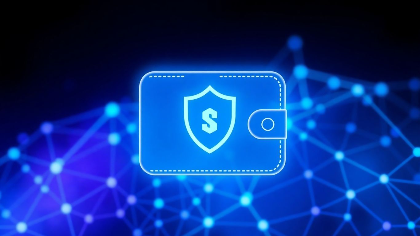 Trust Wallet interface with shield and blockchain background