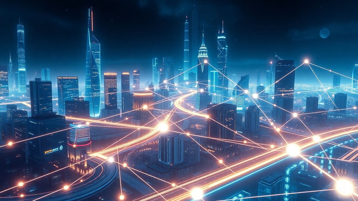 Futuristic finance with blockchain network visualization.