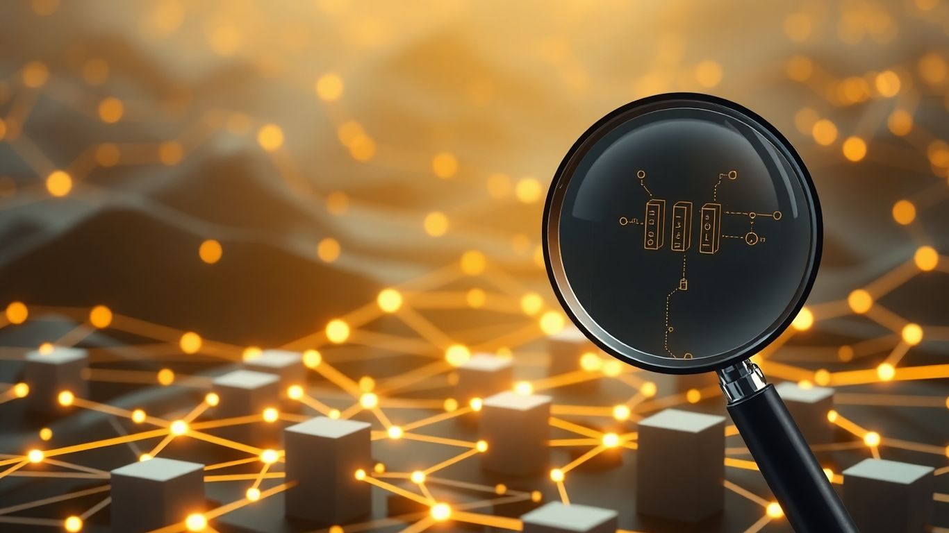 Blockchain network with magnifying glass over it.