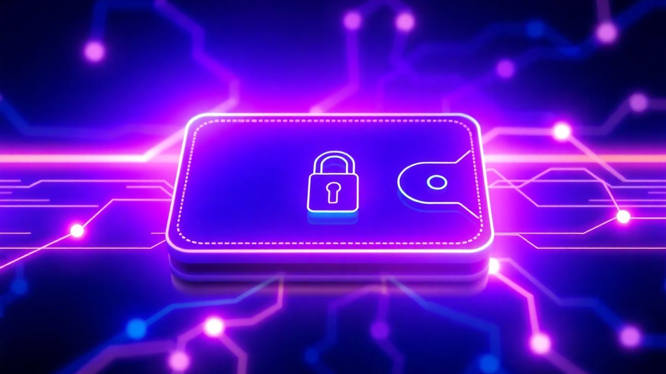 Futuristic digital wallet with security icon.