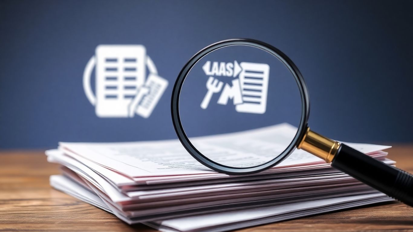 Magnifying glass over contracts, business audit concept.