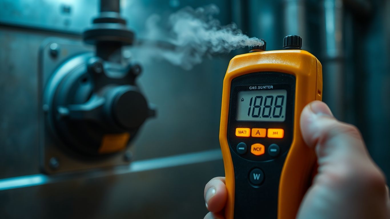 Handheld gas detector near a pipe with vapor.