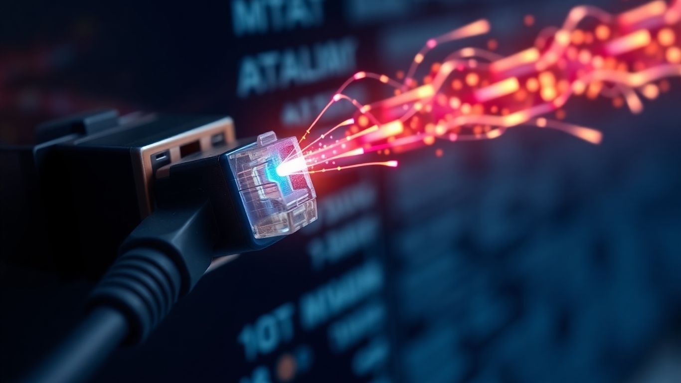Network cable connected to a computer, data stream flowing.