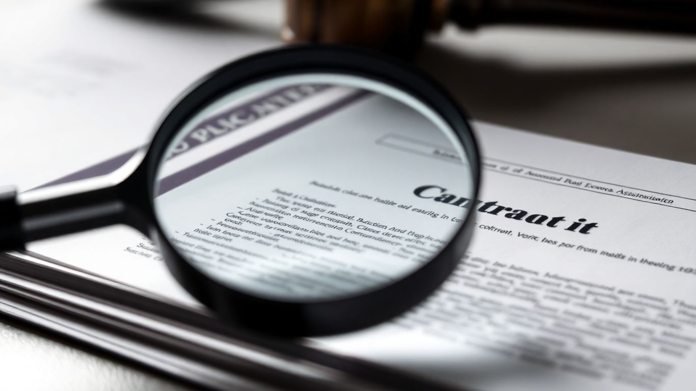 Magnifying glass over contract documents for audit.
