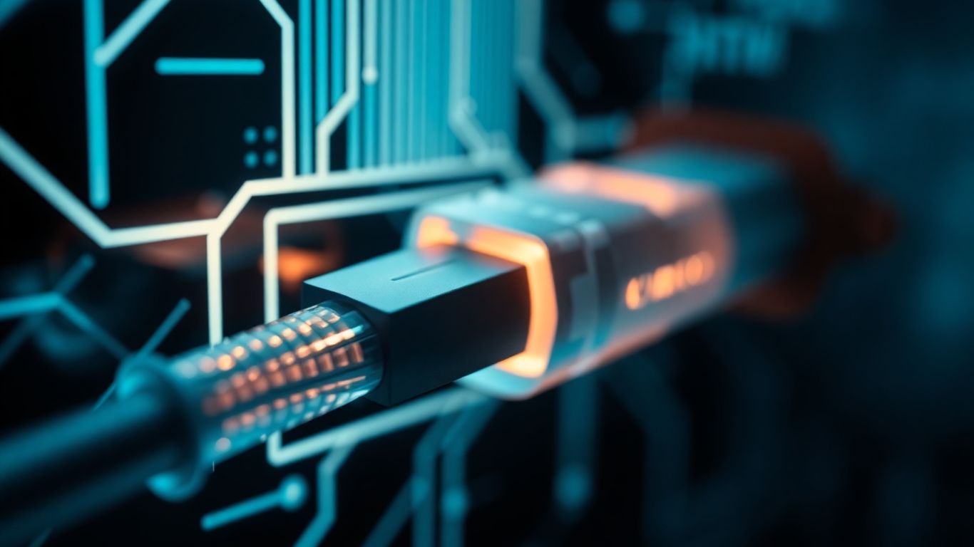 Network cable connected to digital interface with data flow.