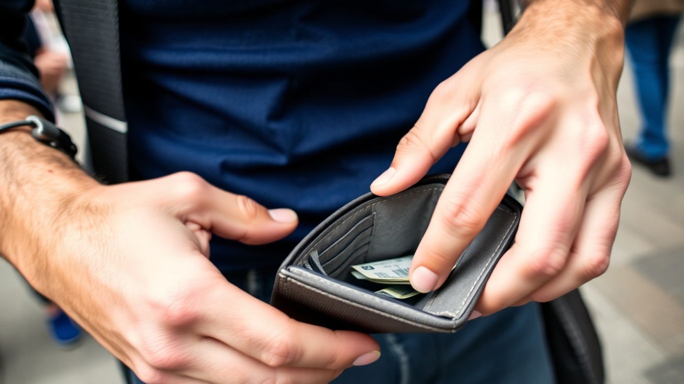 Person searching for lost wallet, looking distressed.