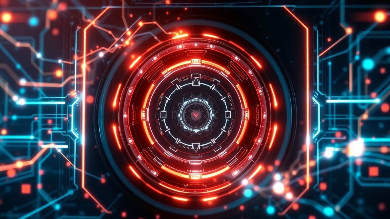 Futuristic digital vault with glowing geometric shapes.
