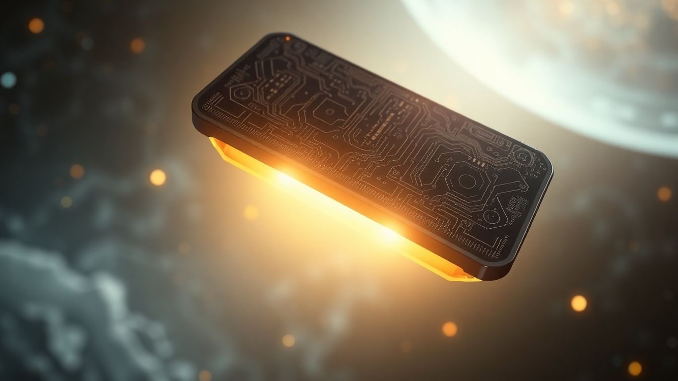 Glowing digital badge on a futuristic background.