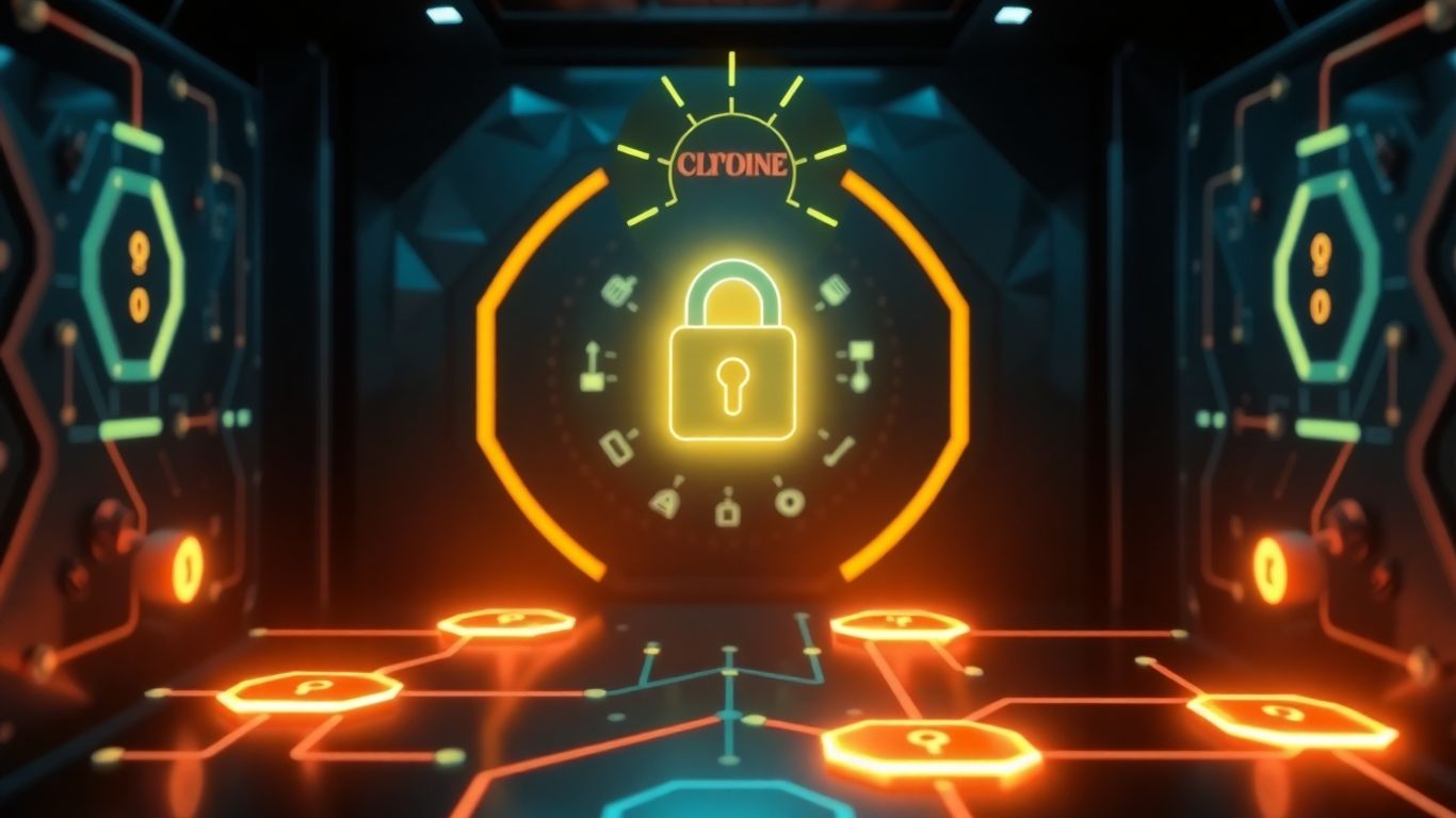 Futuristic digital vault with glowing keys and lock.