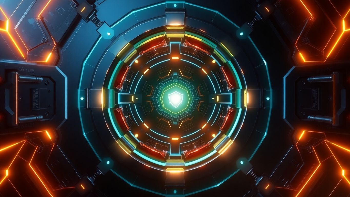 Futuristic digital vault with glowing geometric patterns.