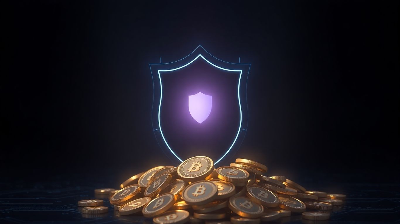 Digital shield protecting cryptocurrency from threats.