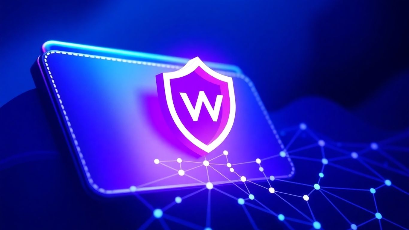 Secure Web3 wallet interface with shield and blockchain graphic.