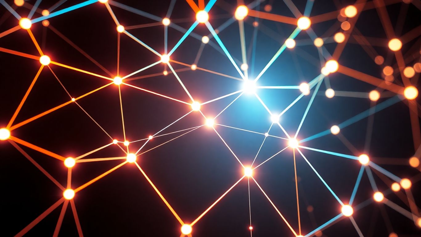 Digital network with glowing connections and geometric shapes.