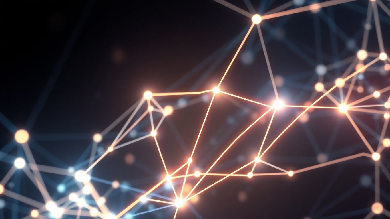 Digital network with AI processing and light trails.