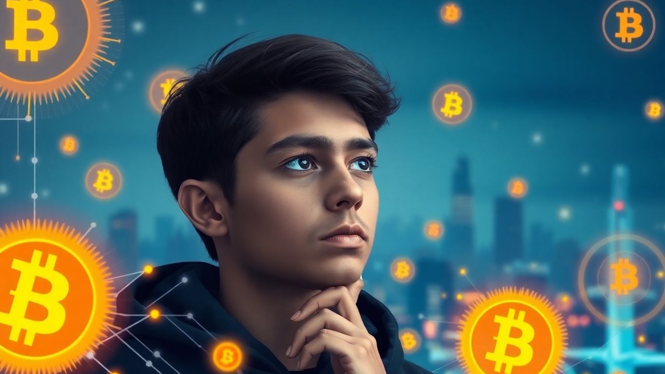 Young person with digital patterns and crypto symbols.