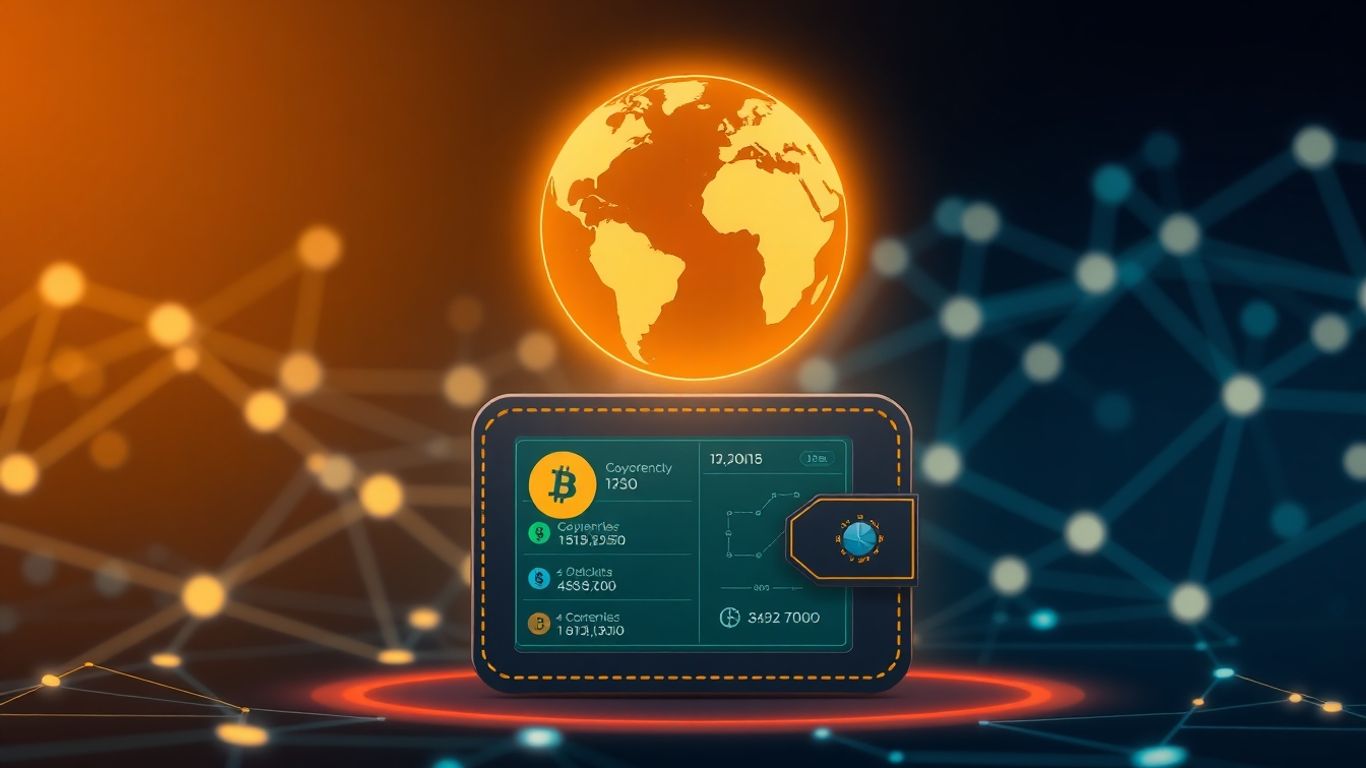 Exodus Web3 wallet interface with futuristic globe and blockchain network.