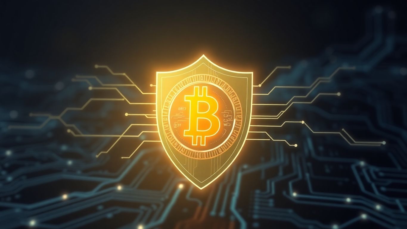 Digital shield protecting a glowing cryptocurrency coin.