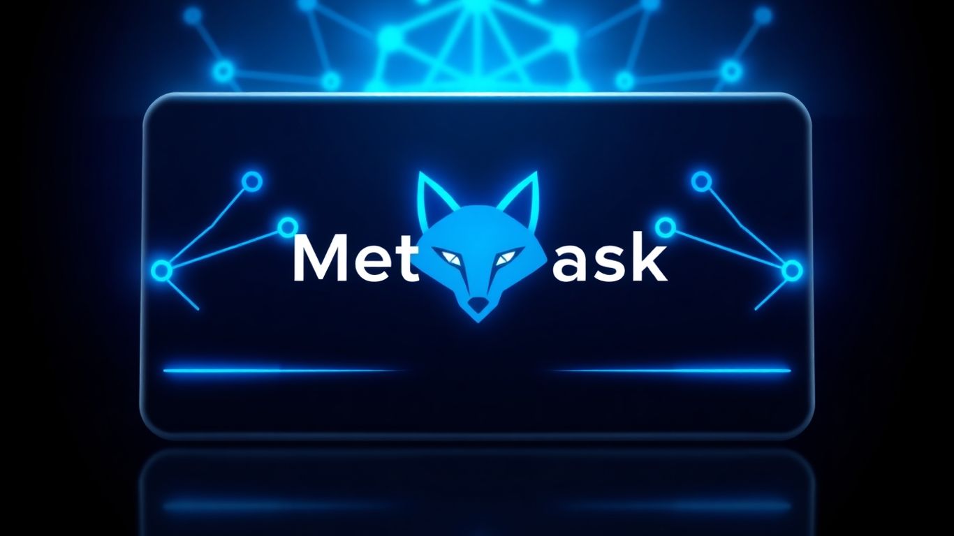MetaMask Web3 wallet interface with fox logo and digital nodes.
