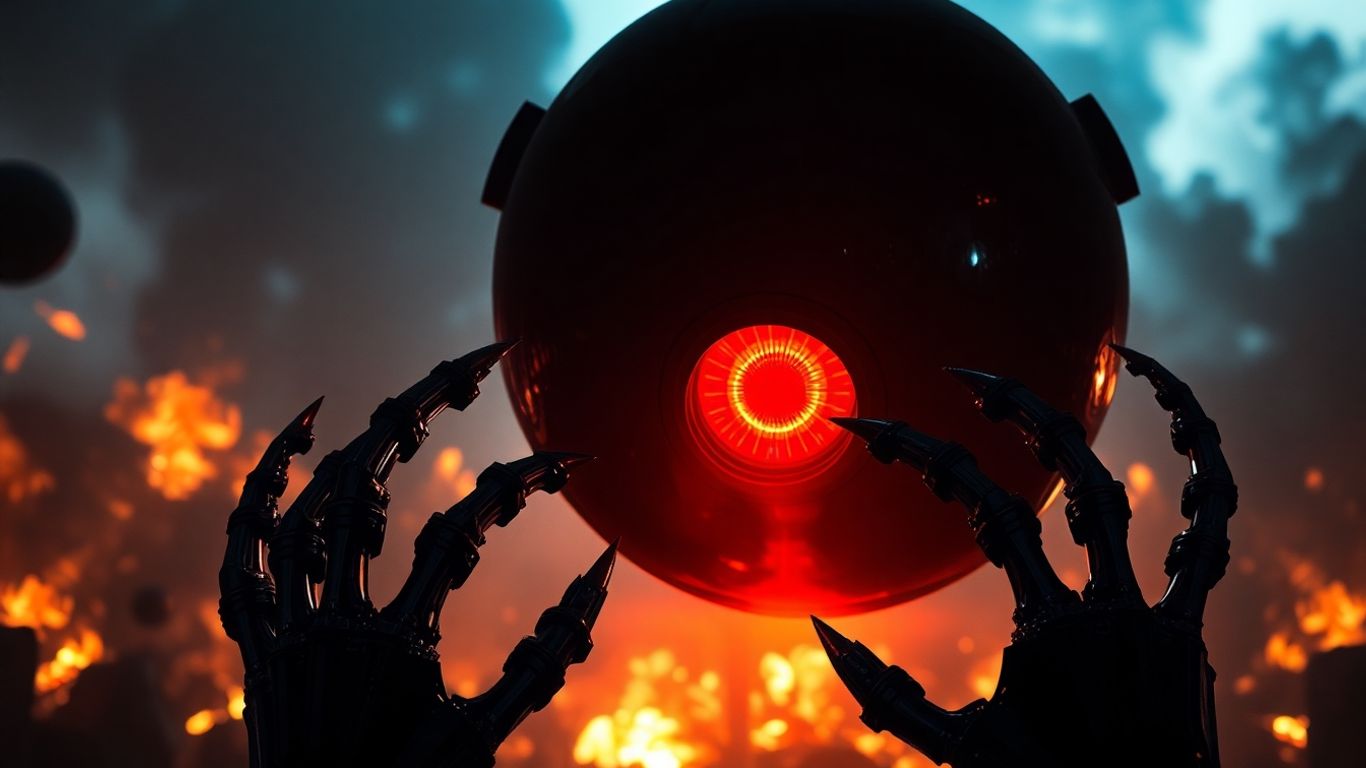 Skynet's glowing red eye and robotic limbs amidst fire.