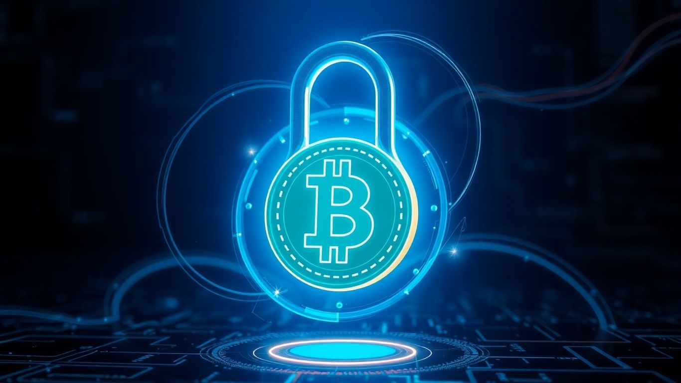 Digital padlock protecting a cryptocurrency coin.