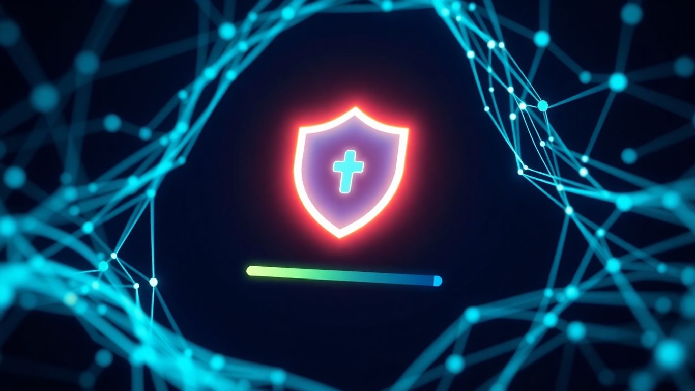 Digital security score widget with glowing shield icon.