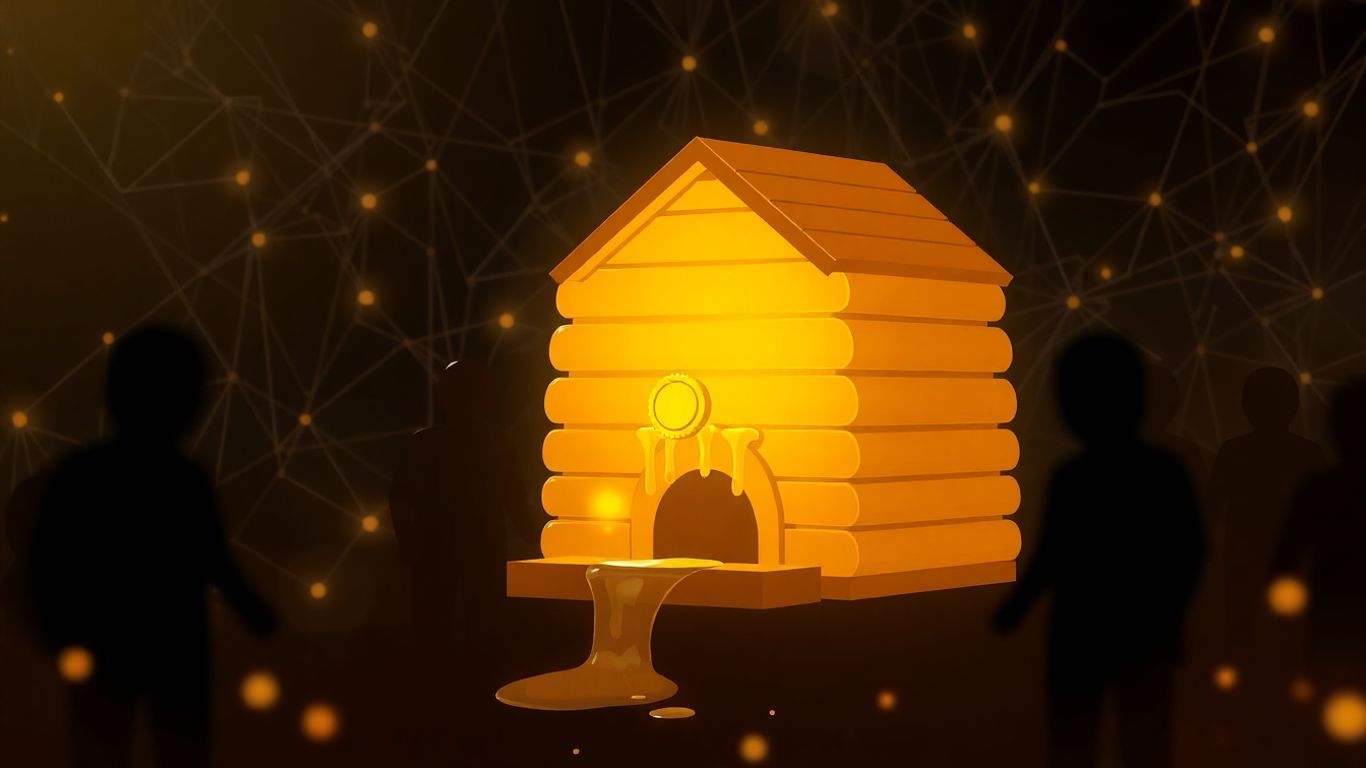 Digital beehive with glowing honey and a golden token.
