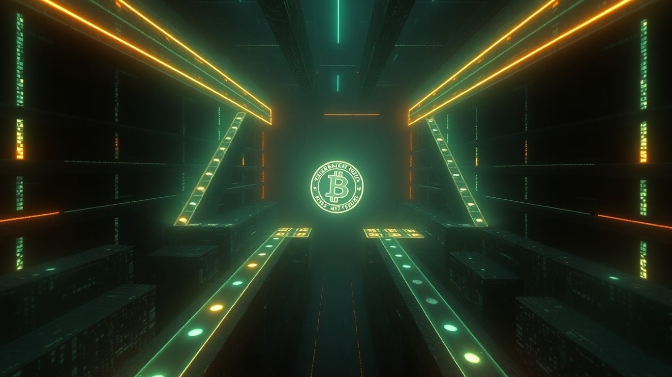 Digital maze with a glowing token and lurking shadows.