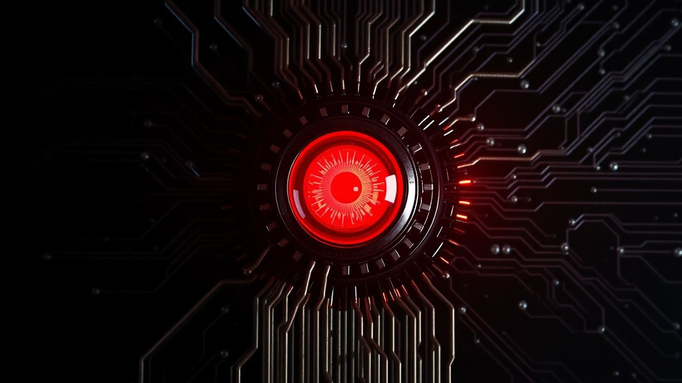 Menacing red eye on a dark circuit board.