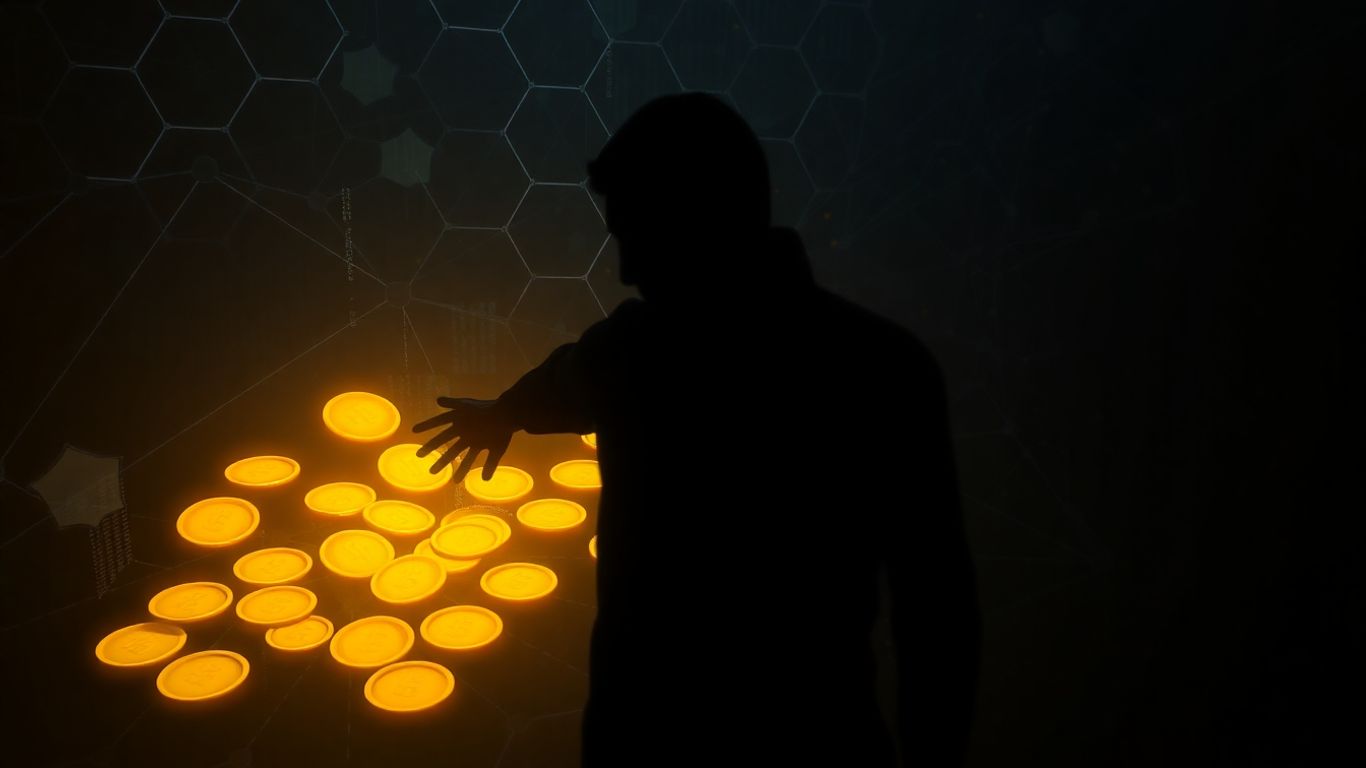 Digital honeycomb with glowing tokens and a shadowy figure.