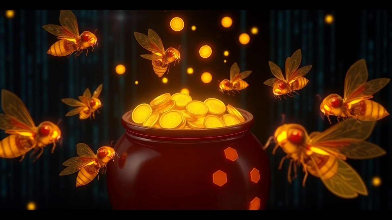 Digital honey pot with golden tokens and cybernetic bees.