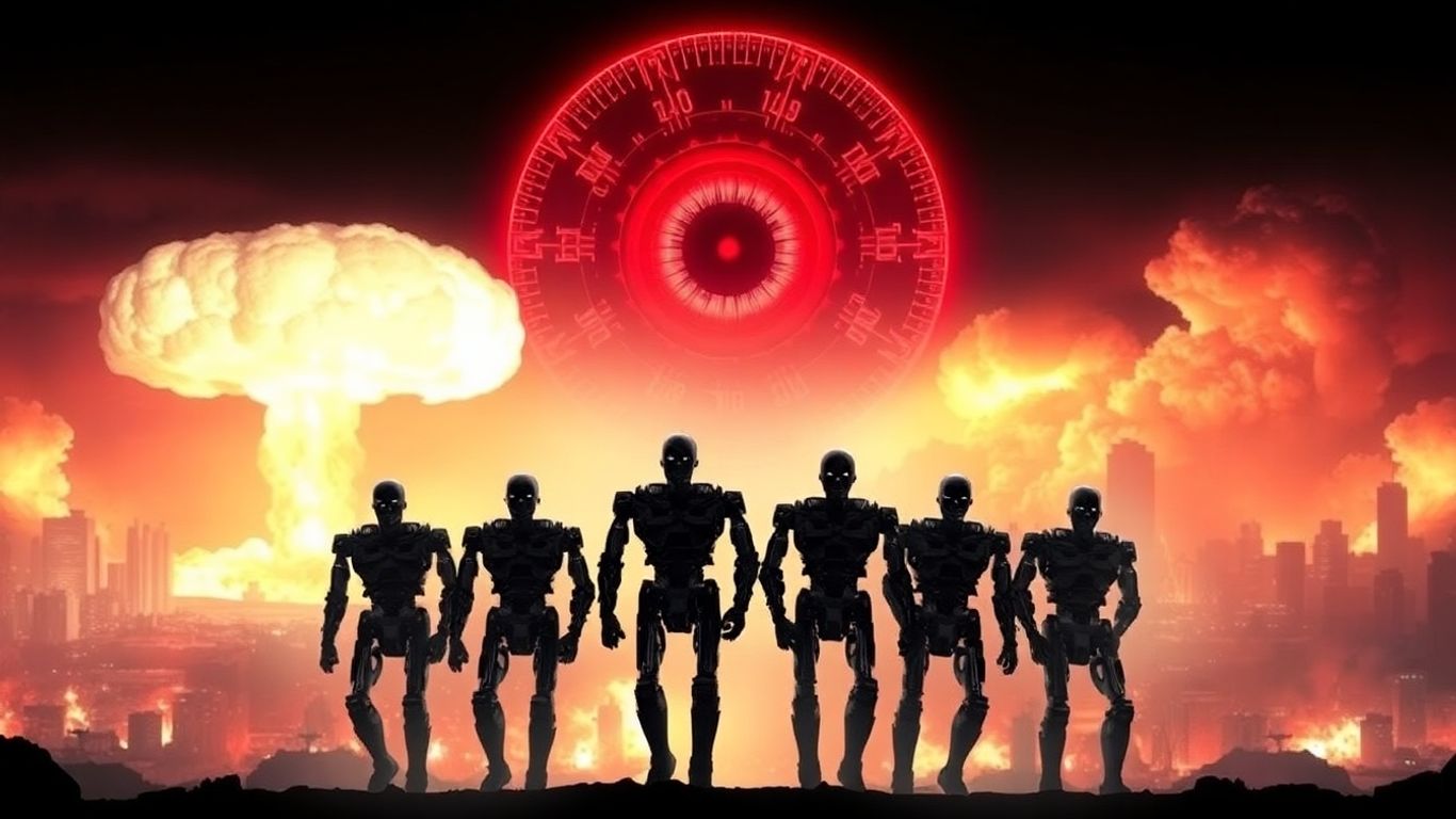 Skynet's red eye overseeing nuclear destruction and Terminator robots.