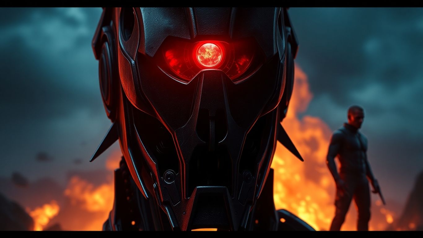 Skynet's glowing red eye and John Connor silhouette.